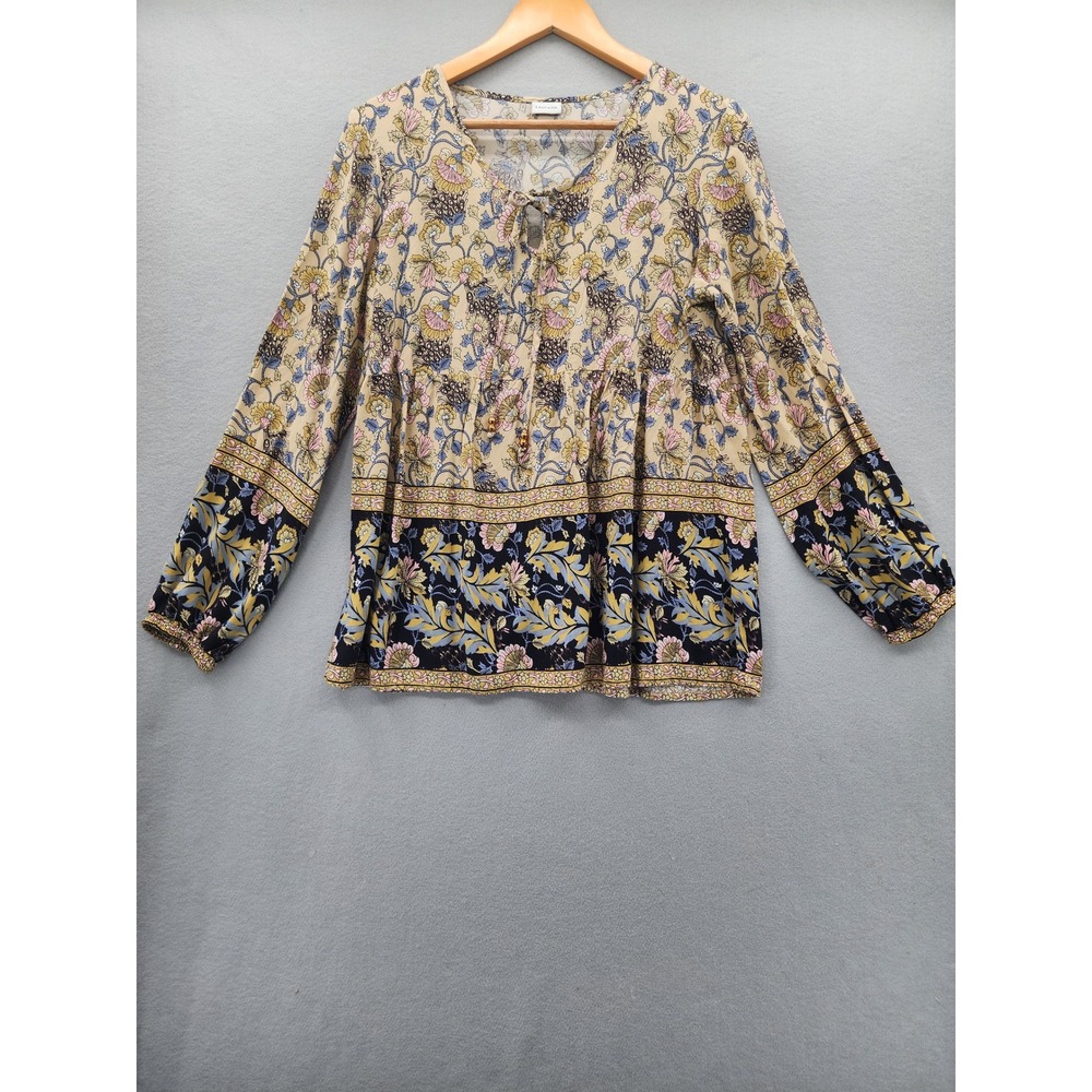 LASCANA Boho Floral Paisley Peasant Blouse Tiered Babydoll Top Yellow Blue US 10